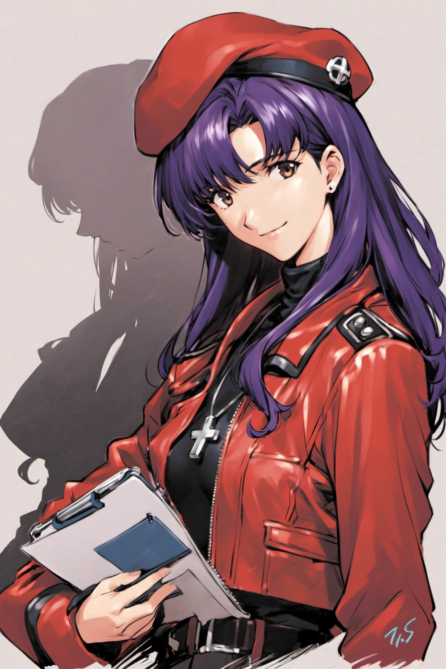 katsuragi misato,1girl,jewelry,weapon,gun,solo,hat,earrings,handgun,holding,long hair,stud earrings,holding weapon,jacket,open clothes,necklace,profile,open jacket,long sleeves,red jacket,holding gun,bangs,beret,zipper,closed mouth,purple hair,cross,black hair,turtleneck,parted bangs,upper body,web address,dress,watermark,from side,finger on trigger,fingernails,unzipped,trigger discipline,looking away,cross necklace,red headwear,uniform,cowboy shot,dutch angle,score_9,score_8_up,<lora:Sadamoto Yoshiyuki_XL_PONY:0.9>,