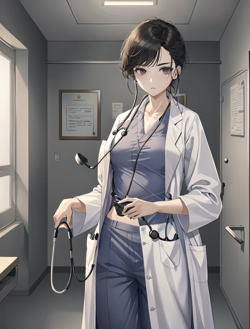 ((masterpiece, best quality, high quality)),1girl, (lower body, hospital), <lora:doctor_uniform_v1:0.8> (doctor_uniform, labcoat, stethoscope, doctor,scrub top,scrub trousers),