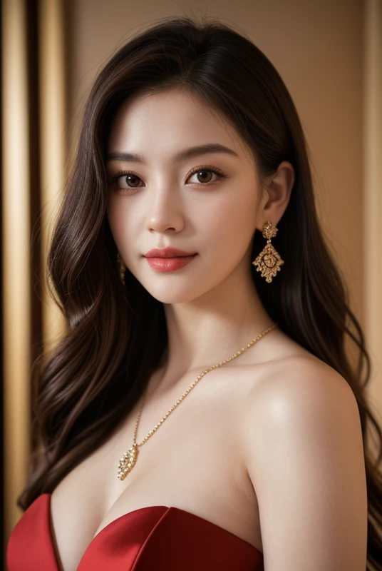 best quality, masterpiece, intricate details:1.4),highres,incredibly absurdres,wallpaper,(rich shadows:0.5),8k,Film grain,(beautiful face:1.3),looking at viewer,smirk,a woman,real skin,glamor,tall,muscular,(curvy:0.7) BREAK dark red dress,slip dress,earrings,necklace,spectacular night view,skyscraper,hdr,