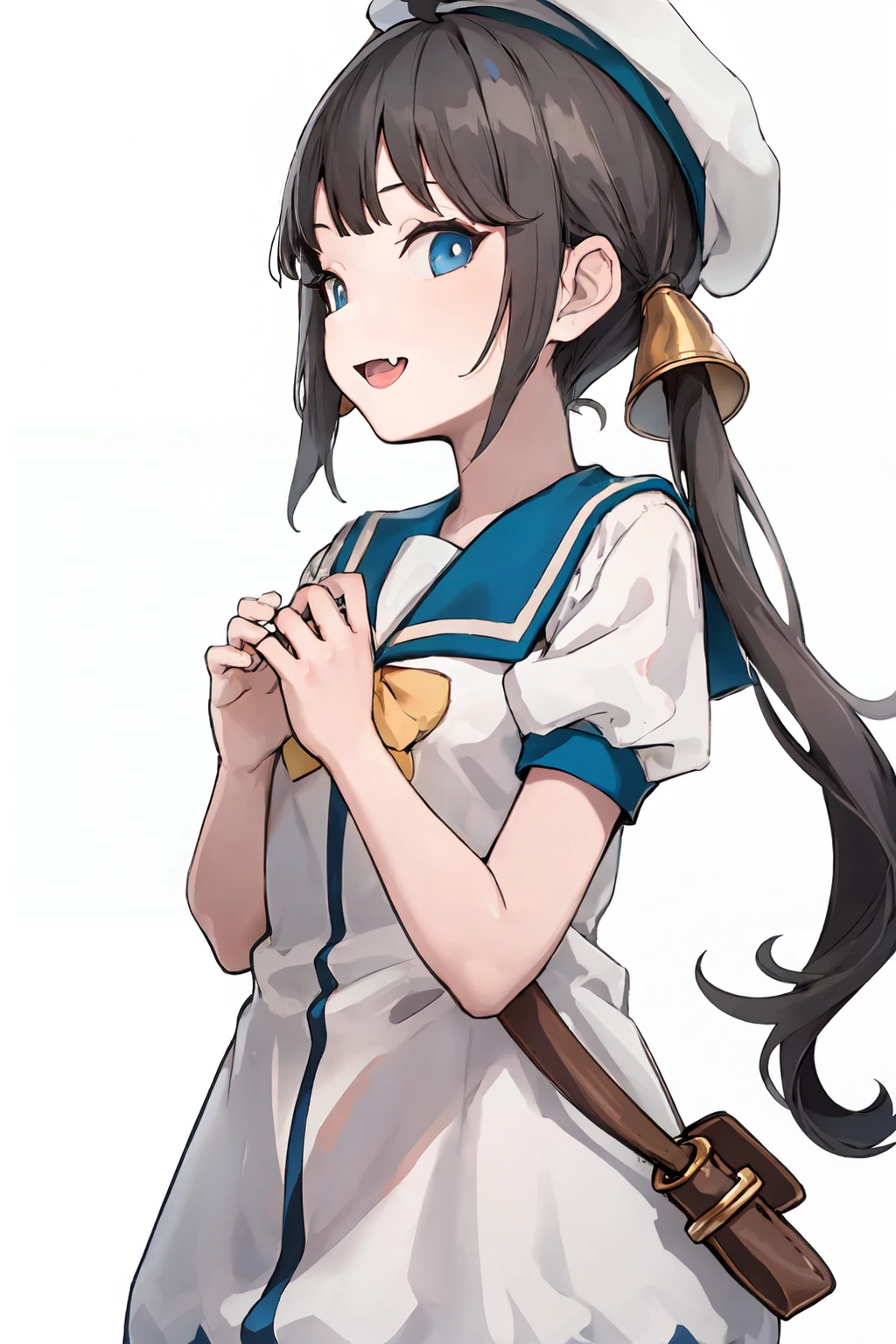 (masterpiece, best quality:1.2),
BREAK
(perfect anatomy), (symmetric eyes, beautiful eyes, sharp eyeliner, beautiful face, beautiful hands), (blue eyes:1.25),
BREAK
1 girl, solo focus,
BREAK
FufuKC, (white sailor dress, blue sailor collar), yellow bow, white sailor hat, short sleeves, hair rings, bag,
BREAK
facing to viewer, looking at viewer, profile, light smile, open mouth, fang, (white background, simple background),
BREAK
<lora:fufu-05:0.95>,HoshiakariCSA, <lora:bluewhite:0.25> <lora:mlu:0.25>