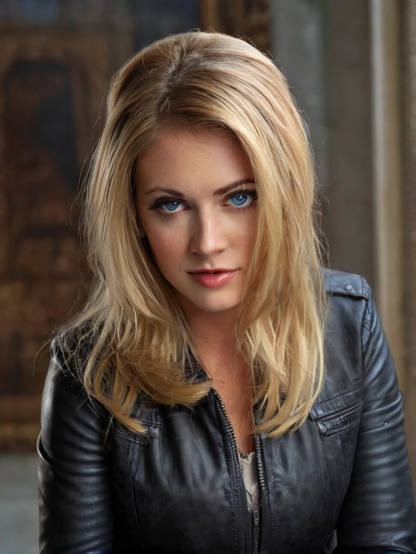 a beautiful picture of s4br1n4, masterpiece, photorealistic, woman, detailed, 4k, HDR, backlighting, light, RAW color photo,(fully in frame:1.1), detailed skin texture, (blush:0.5), (goosebumps:0.5), blonde wearing a leather jacket,blue eyes