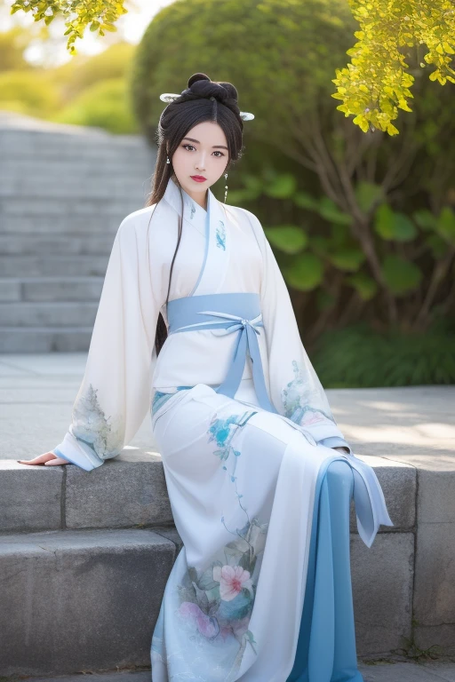 ltra-detailed,highly detailed,best quality,masterpiece,illustration,realistic,photorealistic,
1girl, solo, 
hanfu-quju, hanfu, chinese clothes, chinese traditional clothes, long sleeves, wide sleeves,  sash, 
earrings, jewelry, 
very long hair, hair bun, parted bangs, 
looking at viewer, cowboy shot,sitting, feet out of frame, 
outdoors, photo background, stairs, day, tree, 
 <lora:hanfu quju_v1_07:0.8>