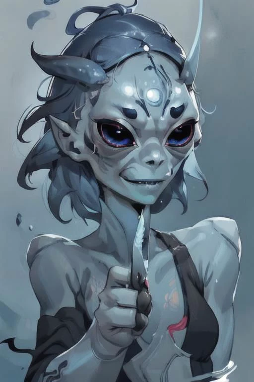 ASCII1_person, ((blue_skin:1.6)), flat_face, ((black_sclera:1.5)), ((stiff_hair, quill_hair, red_hair)), ((1_horn_from_forehead, oni_horn, bone_horn):1.5), small_pointed_ears, ((no_nose, nasal_slits, ghoul_nose)), masculine_body, androgynous, clothed, close_up, face_focus, ((4_fingers_no_thumbs, webbed_fingers, detailed_hands)), ((inhuman)), water_background, (sfw), detailed_face, detailed_forehead_horn, high_quality, ultra_quality, clean_lines, clean_colors, smooth_details, <FastNegativeV2>
