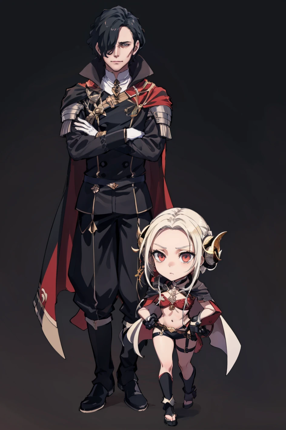 simple background, black background, chibi, 1boy, 1girl, edelgard von hresvelg, horns, full body, <lora:HubertFE3H:0.8> hopesHubert, armor, gloves, cape, hair over one eye