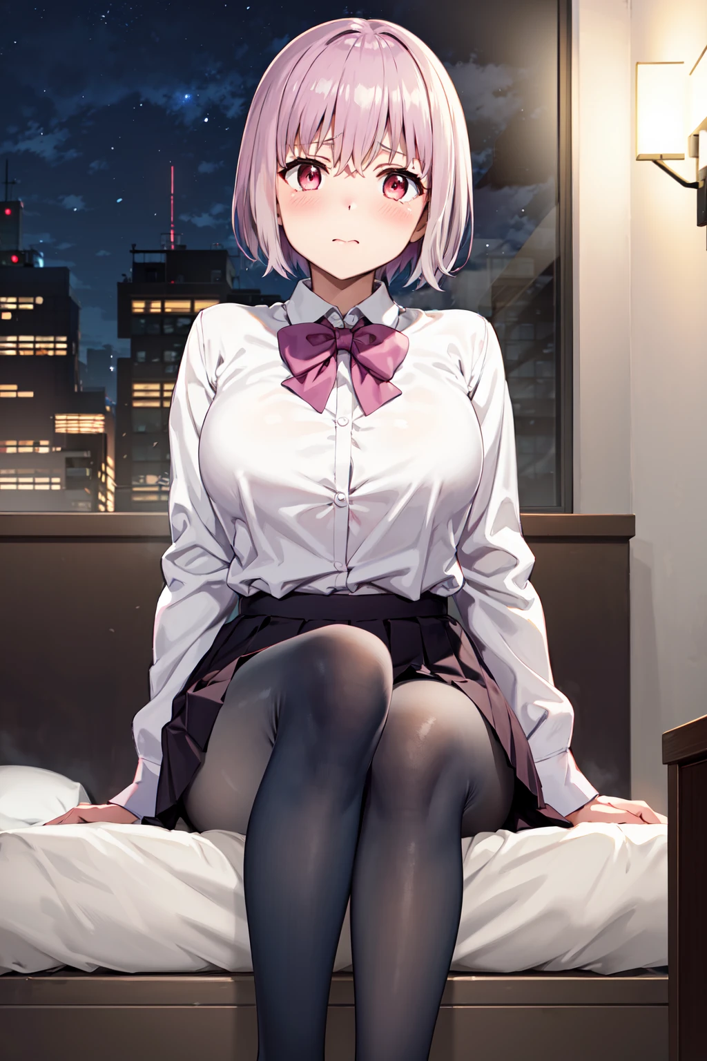 woman1people、非常に長い黒髪のwoman、Spectacular views、Night Scene、The view from a high floor of a tower apartment、Full moon night sky、swirling starry sky、8K、Best Quality、The whole body is in the photo、Like the night view of Tokyo、womanはミニスカートで股間が見えている、She is wearing white panties with beige floral embroidery.、The cleavage is visible、womanは巨乳、Large areola、The color of the areola is pink beige、Knees up、He has an excited face、Drooling、My crotch is wet、The labia majora protrude、Collared、The collar is chained to the wall
