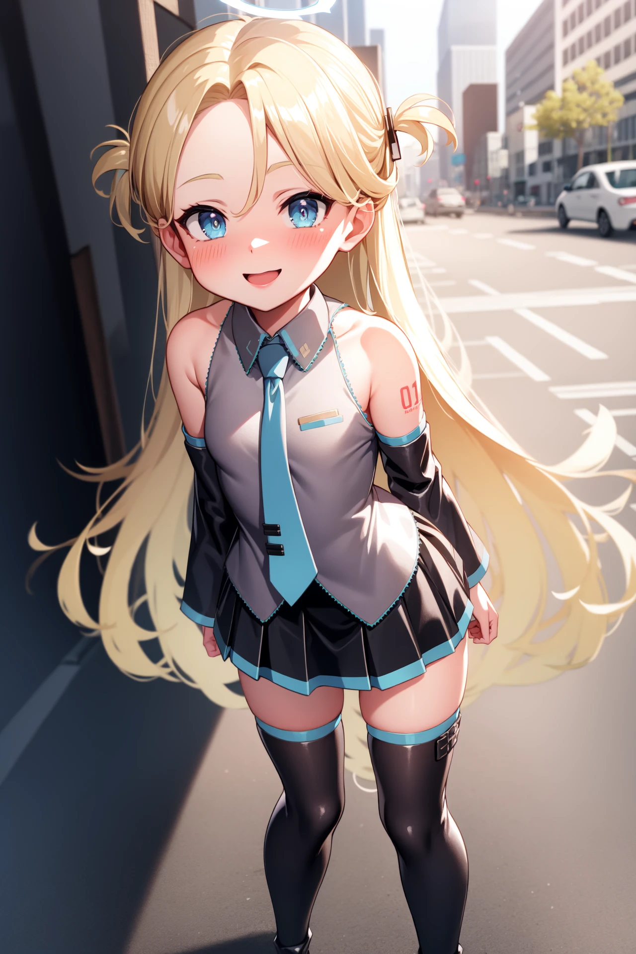 1girl, solo, outdoors, city, looking at viewer, masterpiece, best quality, high resolution, unity 8k wallpaper, (illustration:0.8), (perfect hands, perfect anatomy), shiny hair, shiny skin, standing, (blush:1.2), sora, blonde hair, blue eyes, two side up, long hair, forehead, halo, mini wings, white wings, low wings, miku outfit, sleeveless shirt, grey shirt, detached sleeves, necktie, arm tattoo, skirt, thighhighs, thigh boots