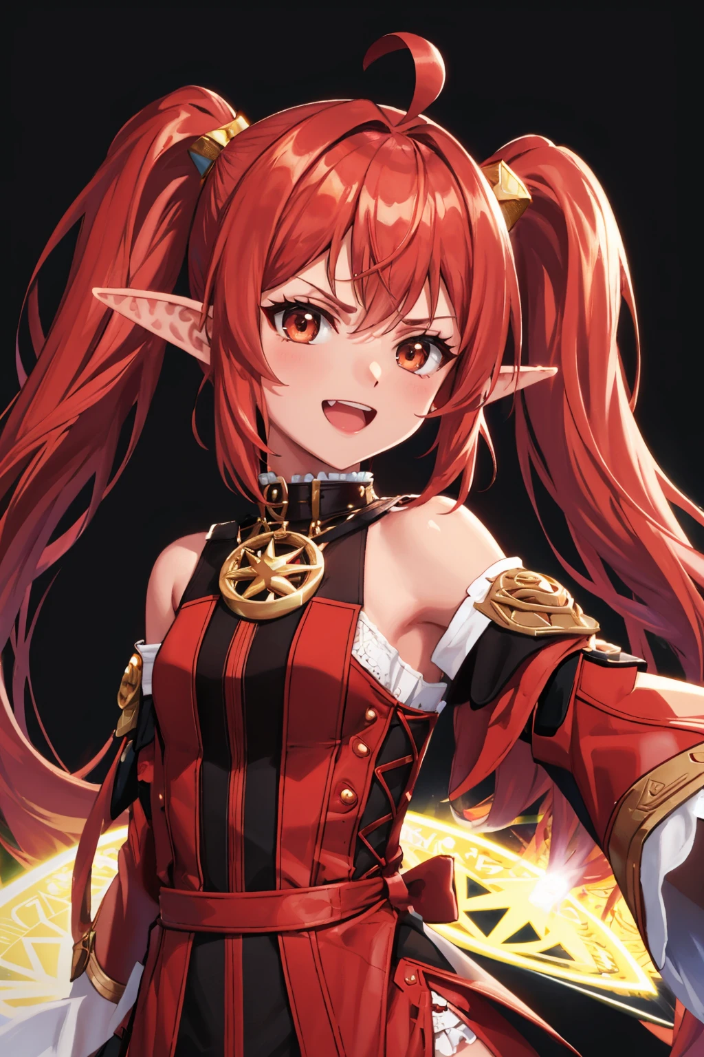 masterpiece, best quality, <lora:dnfbattlemage-nvwls-v1-000009:1> dnfbattlemage, twintails, black and red dress, detached sleeves, upper body, magic circle, black background, furrowed brow, smug, :D, abstract background, looking at viewer, ahoge