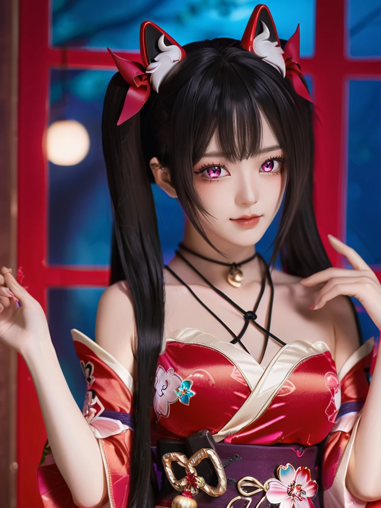 cinematic photo <lora:xl_sparkle2-000010:1>,sparkle is a girl with long black twintails and pink eyes fox mask on his head,the outfit she is wearing is called 'huahuo' and it's a red off-the-shoulder kimono,, best quality, ultra high res,photorealistic . 35mm photograph, film, bokeh, professional, 4k, highly detailed