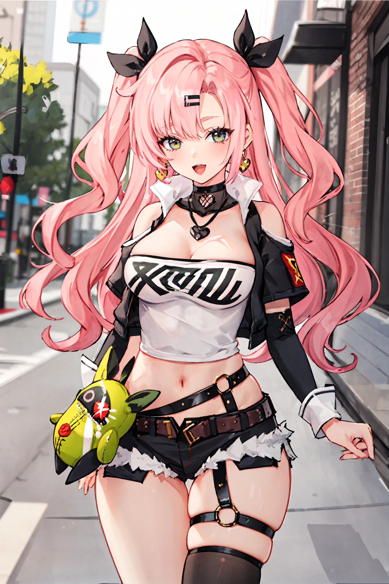 1girl, nicole demara, tube top, single thighhigh, short shorts, cropped jacket, hair ribbon, hairclip, earrings, high belt, detached sleeves, doll, black collar, looking at viewer, smiling, open mouth, street, outdoors, depth of field, standing, cowboy shot, masterpiece, best quality, masterpiece