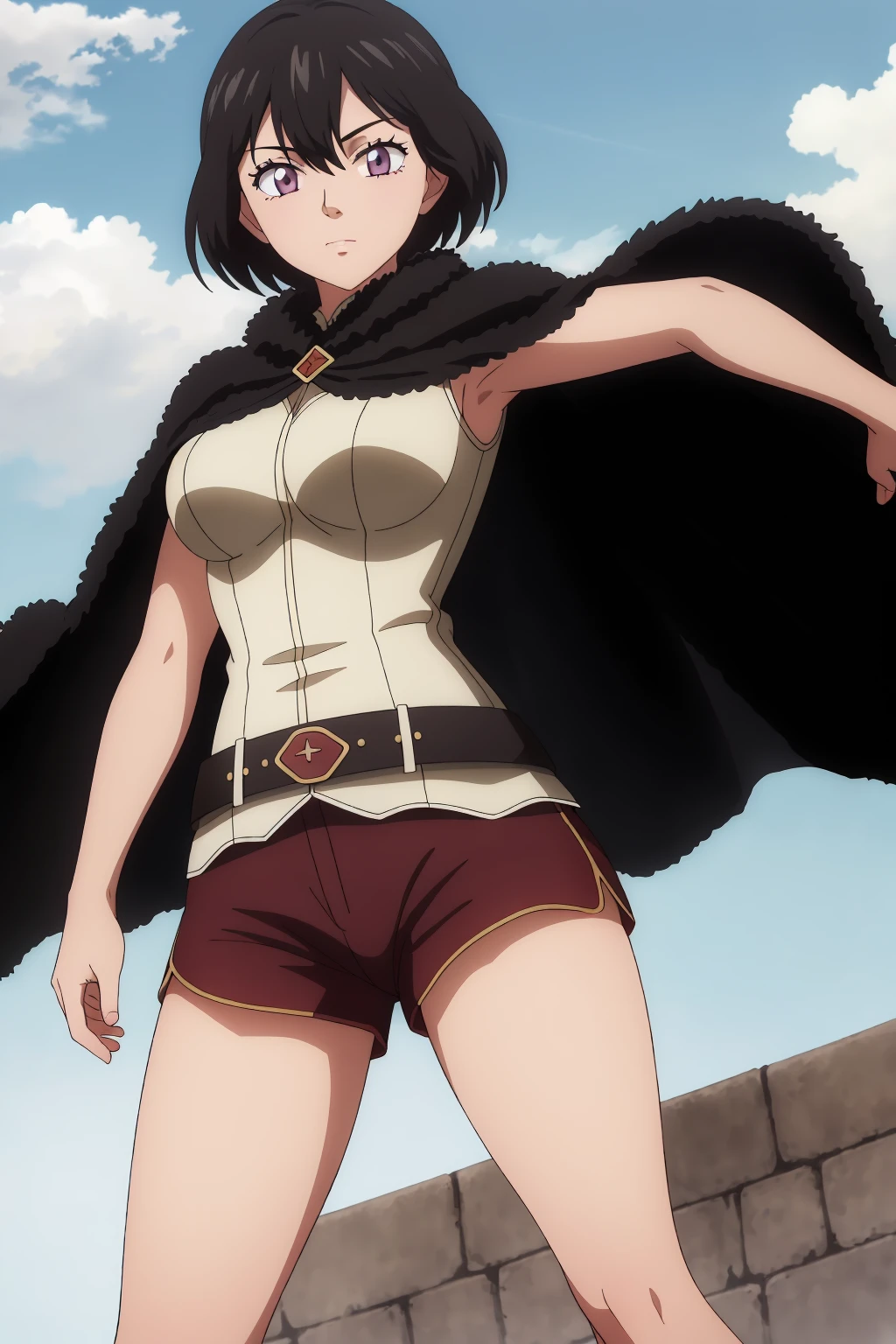 ((best quality)),((highly detailed)),masterpiece,absurdres,detailed face,beautiful face,(detailed eyes, deep eyes),1girl,((dynamic pose)) , <lora:MariellaV1:0.7>, Mariella, black hair, short hair, shorts, cape, belt, purple eyes, cloak, breasts, medium breasts, standing, capelet, cloud, day, sky, outdoors, skirt, fur trim,