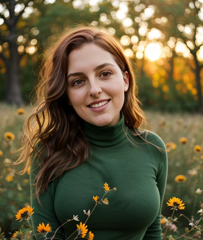 <3l3r05y>, spectacular light, upper body, Leaves, sunset, Colorful flowers, close portrait photo, Twilight, firelies, Green meadow, breast, Turtleneck, jeans, smile