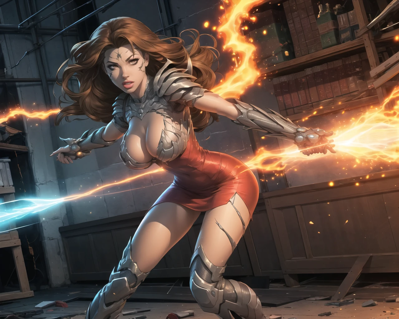 1girl, solo, detailed, masterpiece,HDR, detailed sharp, best quality,
cityscape, (dynamic weather, dynamic colors, random colors),
comic style, lineart,
fire, magic,
WitchbladeS, red lips, brown eyes, long hair, brown hair, dark skin,
animification, facial mark, scales, revealing clothes, gauntlets,
dynamic pose,
lipstick, brown eyes, long hair, brown hair,
large breasts,
<lora:Witchblade_V03:0.95>