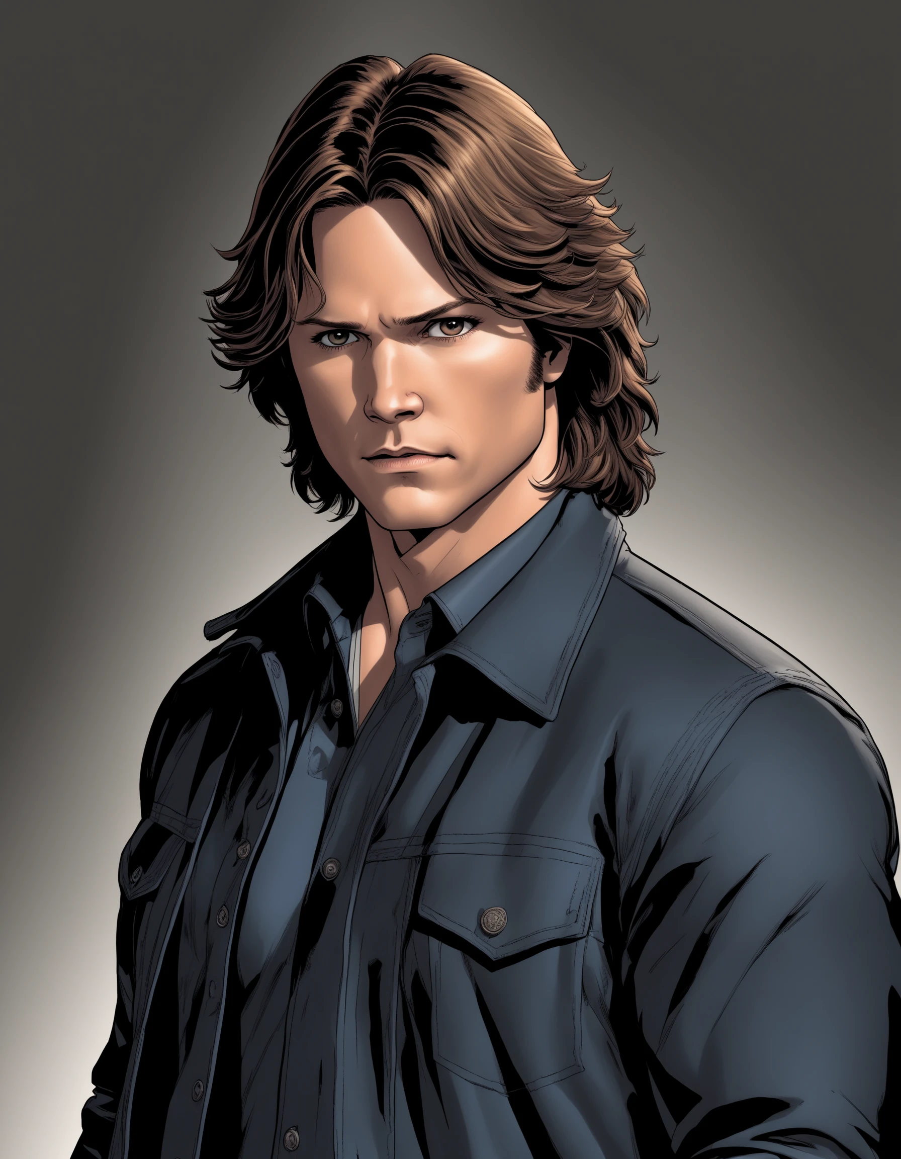 comic book art, jared padaleki as sam winchester, solo, sam winchester from supernatural, art by ed benes, cinematic lighting, cinematic angle, masterpiece, best quality