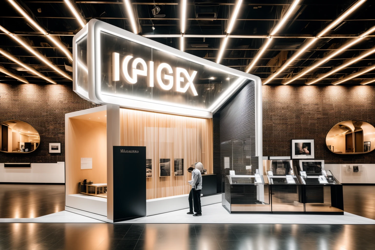<lora:JJsExhibition:.7>, (best quality)),((masterpiece)), indoors, (((Exhibition))), RAW photo, high quality, authentic, dslr, soft lighting, high quality, film grain, Fujifilm XT3,road, glass, white wall, cloth, figure,metal, reflection,