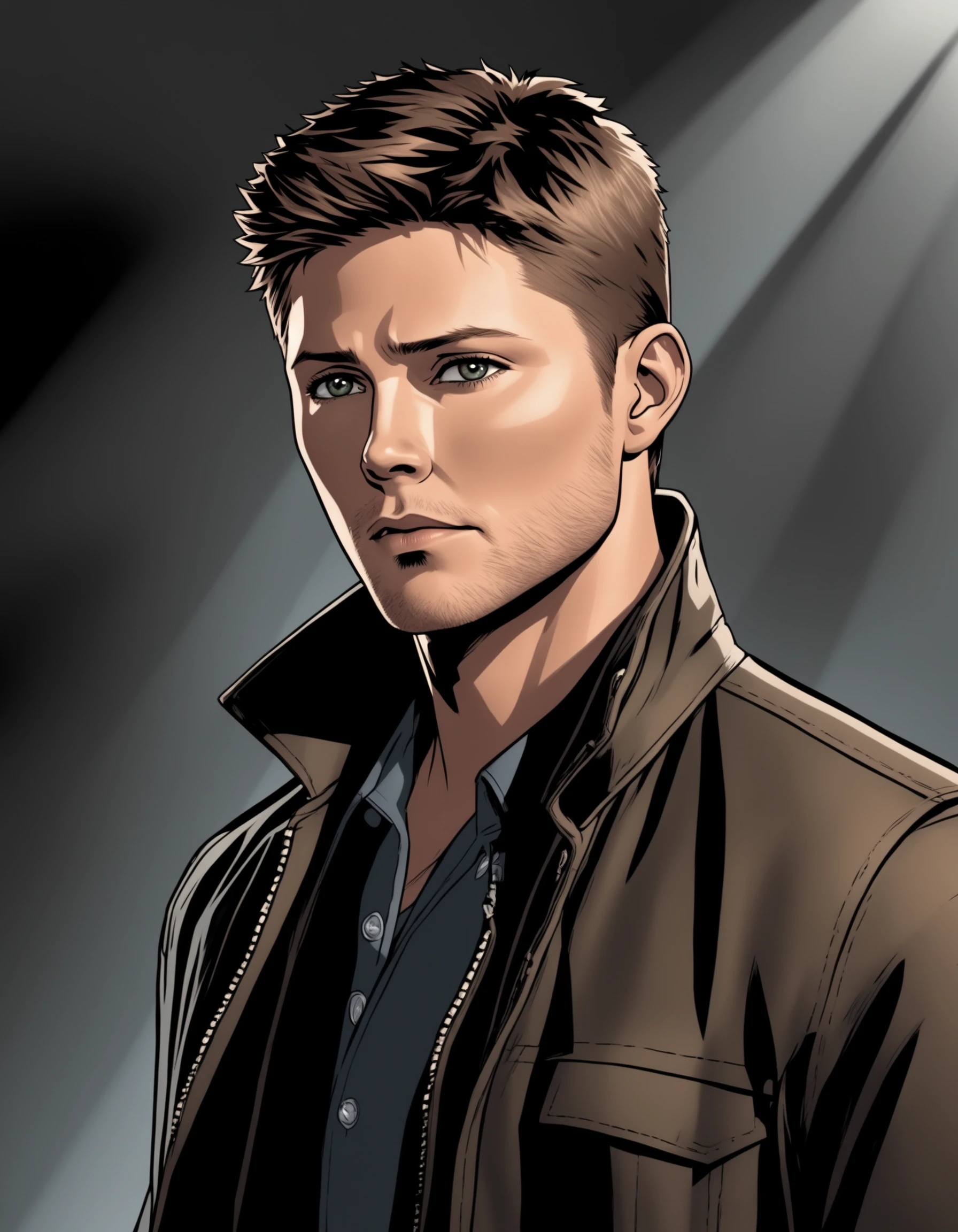 comic book art, jensen ackles as dean winchester, 1boy, male focus, solo, extreme light and shadow, specular highlights, dean winchester from supernatural, art by ed benes, cinematic lighting, cinematic angle, masterpiece, best quality