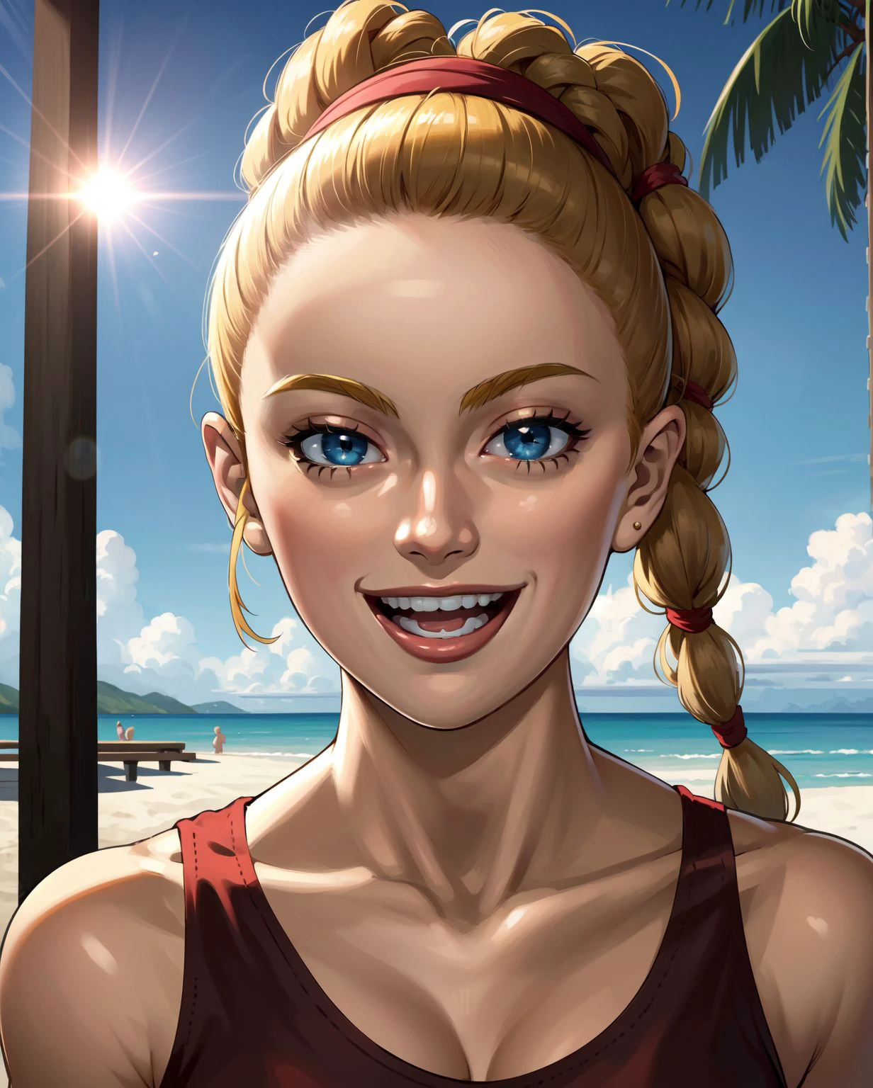 (masterpiece, best quality, high resolution, highly detailed skin:1.3),  <lora:j0_EHZ:0.8> j0ehz, braided ponytails, three high ponytails, blonde hair, blue eyes, red tanktop, shackles, open mouth smile, upper body, looking at viewer, beach scene, palm trees, lens flare, Adirondack