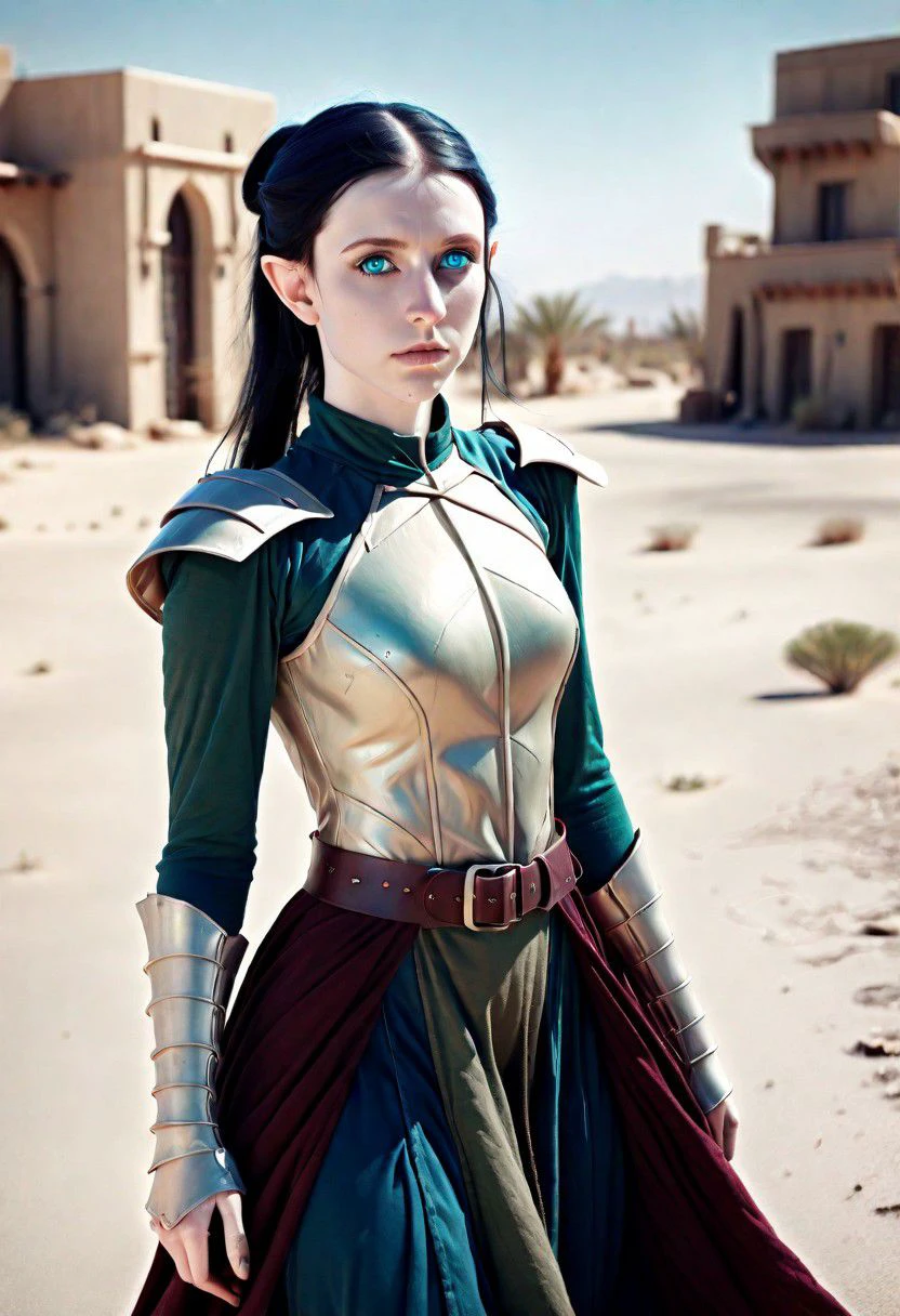 (very ashen pale skinned) young (((elf))) woman with (black hair in a ponytail) and (blue eyes) in a (desert city) wearing dark green and maroon flowing attire and ArmoredDress, photo, HDR, high res, full body