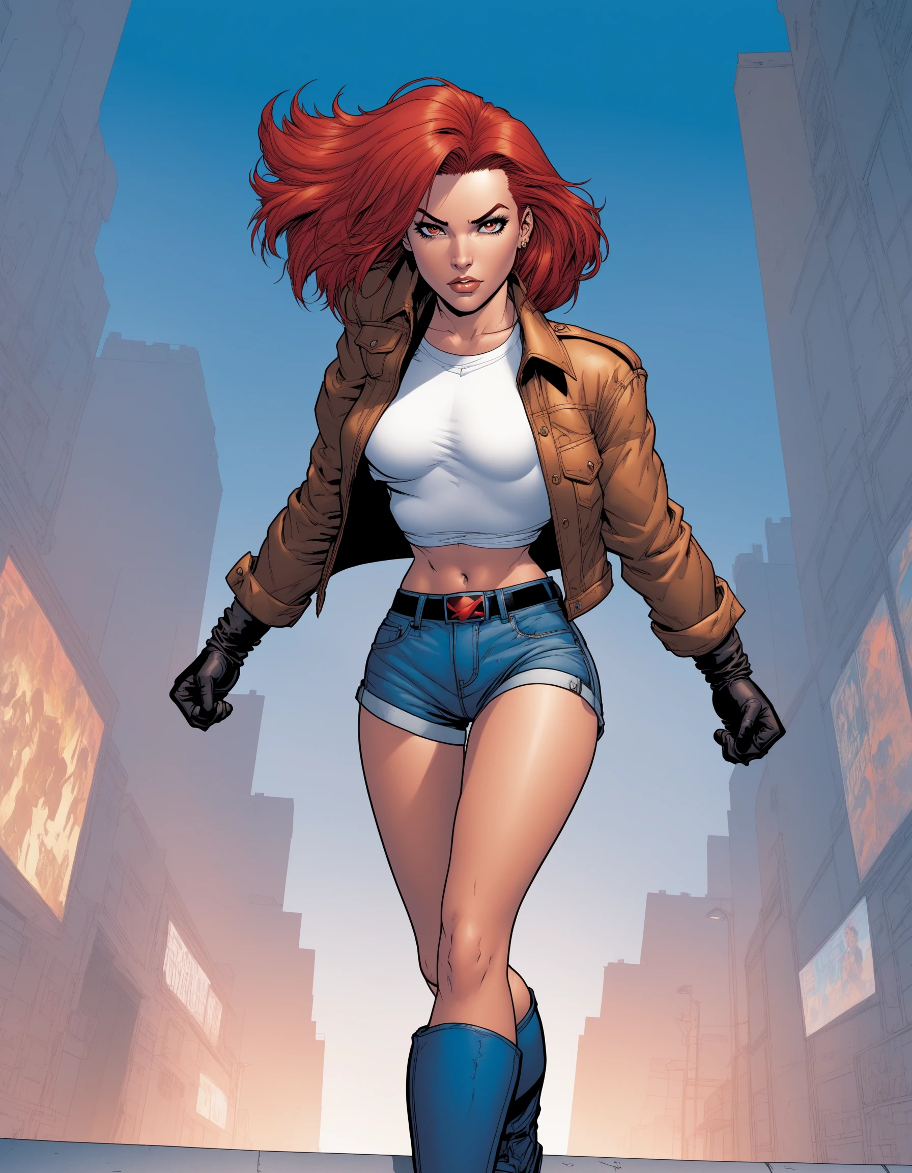 1girl, (Gen13), (wildstorm comics), red hair, white shirt, midriff, denim shorts, gloves, brown jacket, art by Jim Lee, flying, outdoors, full body, cinematic lighting, cinematic angle, masterpiece, best quality