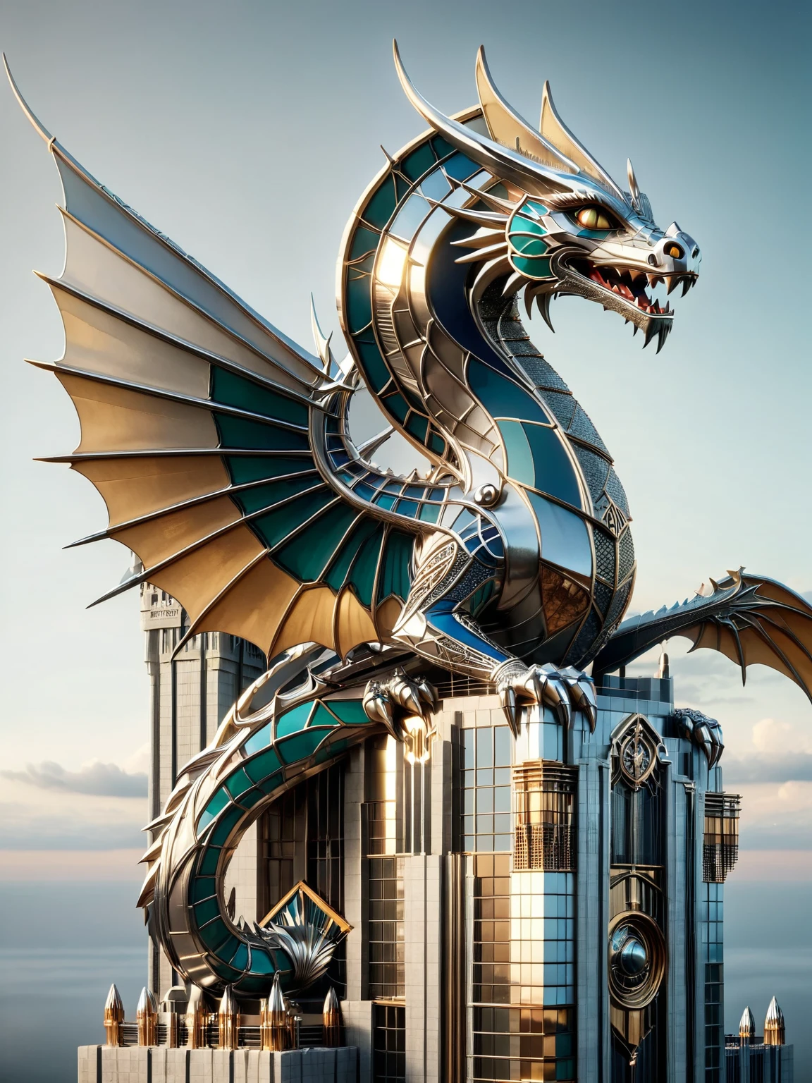 a mythical ais-artdeco dragon perched atop an ais-artdeco tower <lora:Art_Deco_Style_SDXL:1>