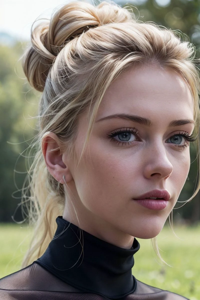closeup headshot of S298_MsFiiire,a beautiful woman,on a (field:1.1),wearing a (turtleneck),(hair-bun),(4k, RAW photo, best quality, depth of field, ultra high res:1.1),(absurdres, intricate, photorealistic, masterpiece, ultra-detailed:1.1),