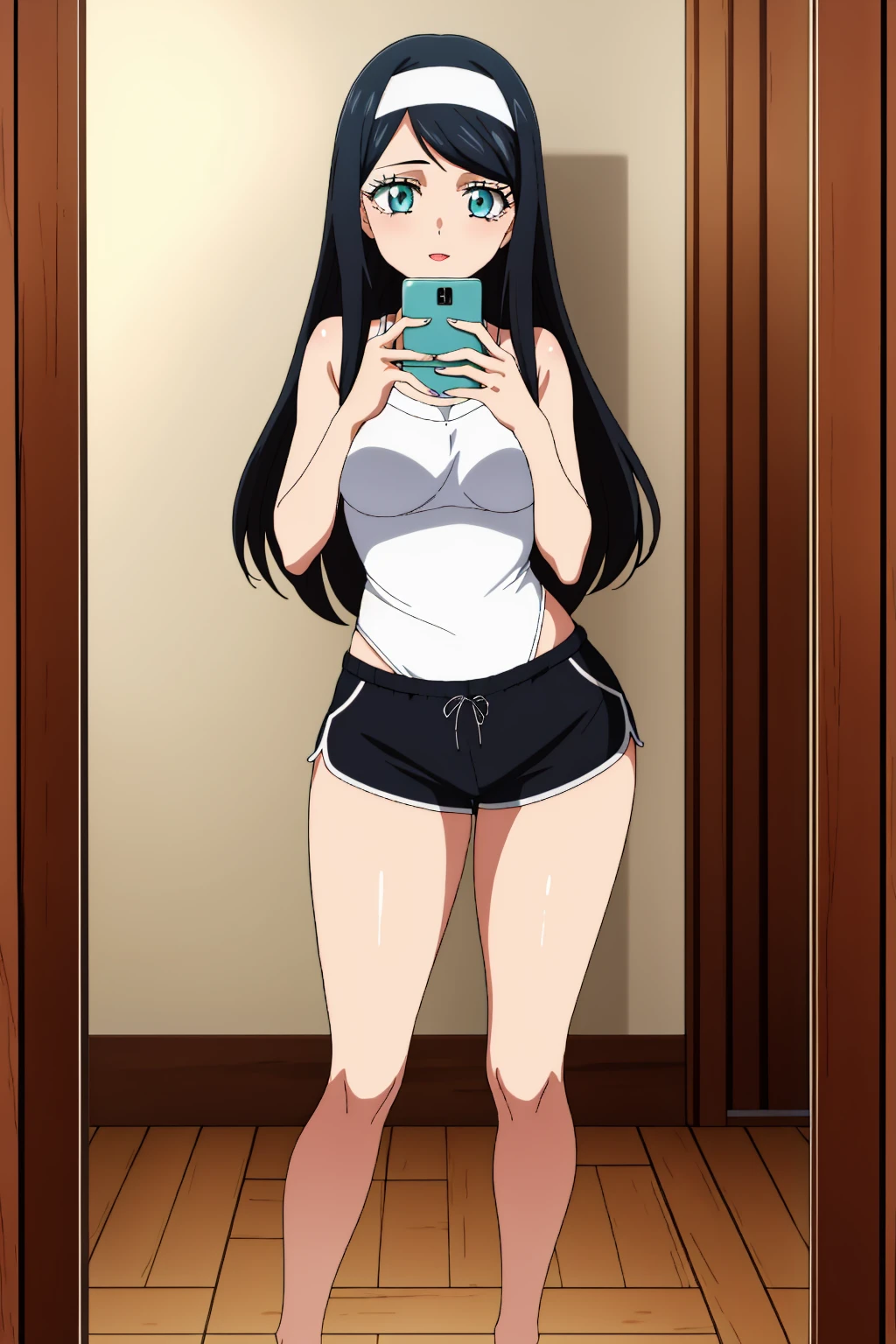 ((best quality)),((highly detailed)),masterpiece,absurdres,detailed face,beautiful face,(detailed eyes, deep eyes),1girl,((dynamic pose)) , <lora:LilyV1:0.7>Lily, aqua eyes, black hair, eyelashes, veil, eyelashes, solo , breasts, solo, tank top, indoors ,medium breast, dolphin shorts, <lora:dolphin_shorts_v0.1:0.5>, <lora:MirrorSelfieLora:0.8>, anime, mirror selfie, holding phone<lora:add_detail:0.1>