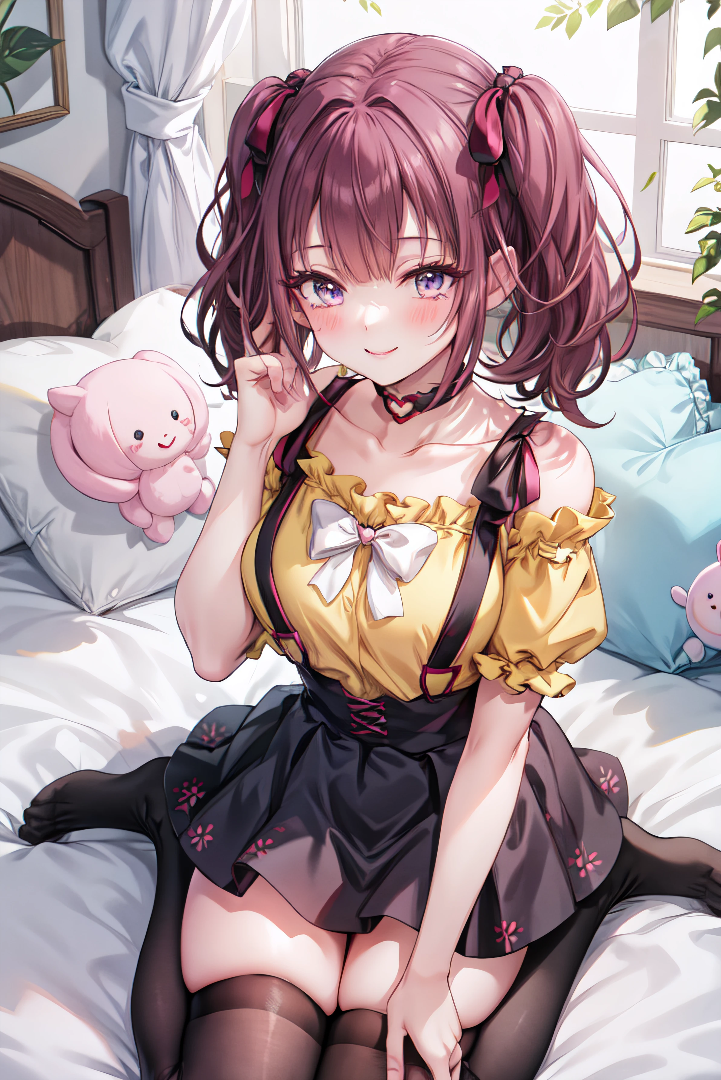 A beautiful lolita girl sitting on the bed with her legs open, anime girl, in the room, home interior, pastel pink lolita dress, short sleeves, a pair of short socks, choker with a bow, short white gloves, lolita shoes fashion, pink panties, dark brown hair, long wavy hair, two pigtails, swept bangs, hair ribbon, aqua eyes, bright eyes and pupils, pink lips, glossy lips, blush, earrings, big round breasts, thin waist, perfect arms, defined thighs, thin legs, raised knees, legs open, looking at the viewer, flirty smile, shows her panties, I can see your panties, upskirt, masterpiece, high definition, natural light, high detail, anime, dithering, image fill, perspective, Wide-Angle, f/1.8, 85mm, Sony FE GM, 8k, 8k wallpaper, super detail, highly detailed CG, UHD, retina, masterpiece, accurate, anatomically correct, textured skin, highres, best quality:1.3, 16k