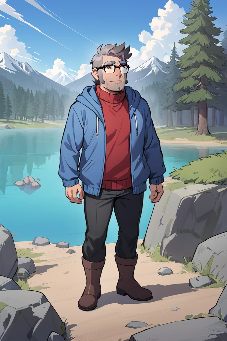 fordpines, 1boy, solo, male focus, mature male, old man, full body, muscular, short hair, grey hair, brown eyes, thick eyebrows, glasses, black-framed eyewear, facial hair, stubble, sideburns, open clothes, red sweater, blue hoodie, black pants, brown boots, standing, outdoors, lake, shore, stones, fir-tree, mountains, masterpiece, best quality <lora:Stanford (Ford) Pines SDXL_LoRA_10r_10e_32i_nr32_a16_Animagine XL V3:0.7>