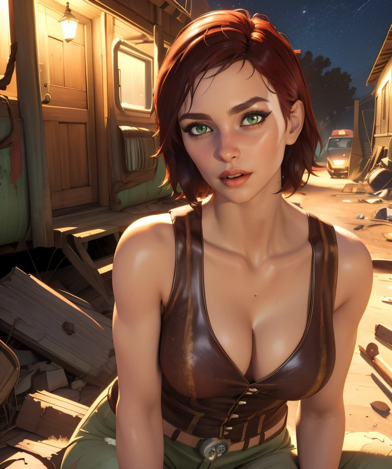 SkllMrchnt,black hair,blue eyes,short hair,
small earrings,green jumpsuit,white shirt,short sleeves, necklace,
smile,
standing,upper body,cleavage,
underground base,computer,night,
(insanely detailed, beautiful detailed face,beautiful detailed eyes, masterpiece, best quality),solo,<lora:SkullMerchant:0.8>,