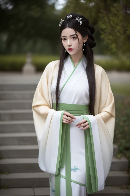 ltra-detailed,highly detailed,best quality,masterpiece,illustration,realistic,photorealistic,
1girl, solo, 
hanfu-quju, hanfu, chinese clothes, chinese traditional clothes, long sleeves, wide sleeves, sash, 
jewelry, hair ornament, hairpin, 
very long hair, hair bun, parted bangs, 
looking at viewer, cowboy shot, ceremony, 
outdoors, photo background, stairs, day, tree, 
 <lora:hanfu quju_v1_07:0.8>