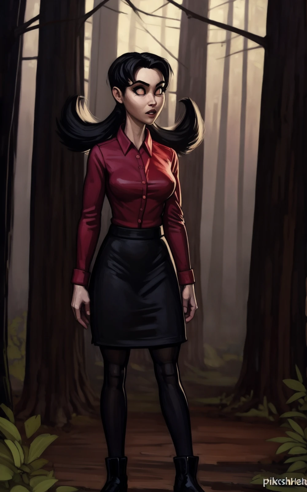8k,4k,((Best quality, masterpiece, ultra high resolution)),((full body, by pixelsketcher)), <lora:WillowV2:0.9>, WillowV2,skirt, pantyhose, shirt,red shirt, black hair, black skirt, pale skin, black pantyhose, ((twintails)), black footwear,collared shirt,long sleeves,blank eyes,white eyes,human,forest, mist,long hair