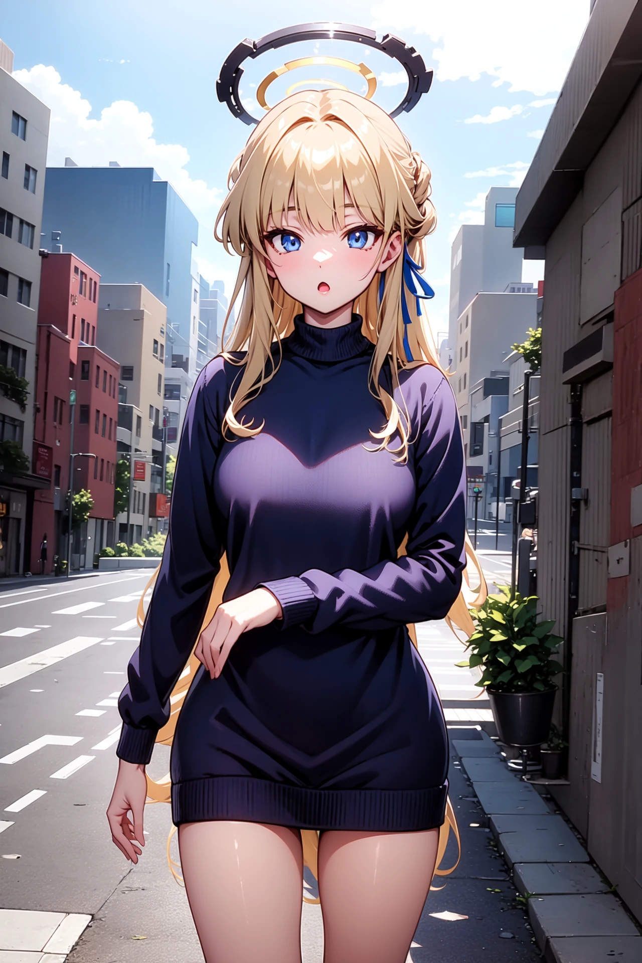 1girl, solo, outdoors, street, looking at viewer, masterpiece, best quality, high resolution, unity 8k wallpaper, (illustration:0.8), (perfect hands, perfect anatomy), shiny hair, shiny skin, standing, asumatoki, blonde hair, long hair, blunt bangs, blue eyes, halo, blue hair ribbon, ribbed sweater, sweater dress, turtleneck, :o, 