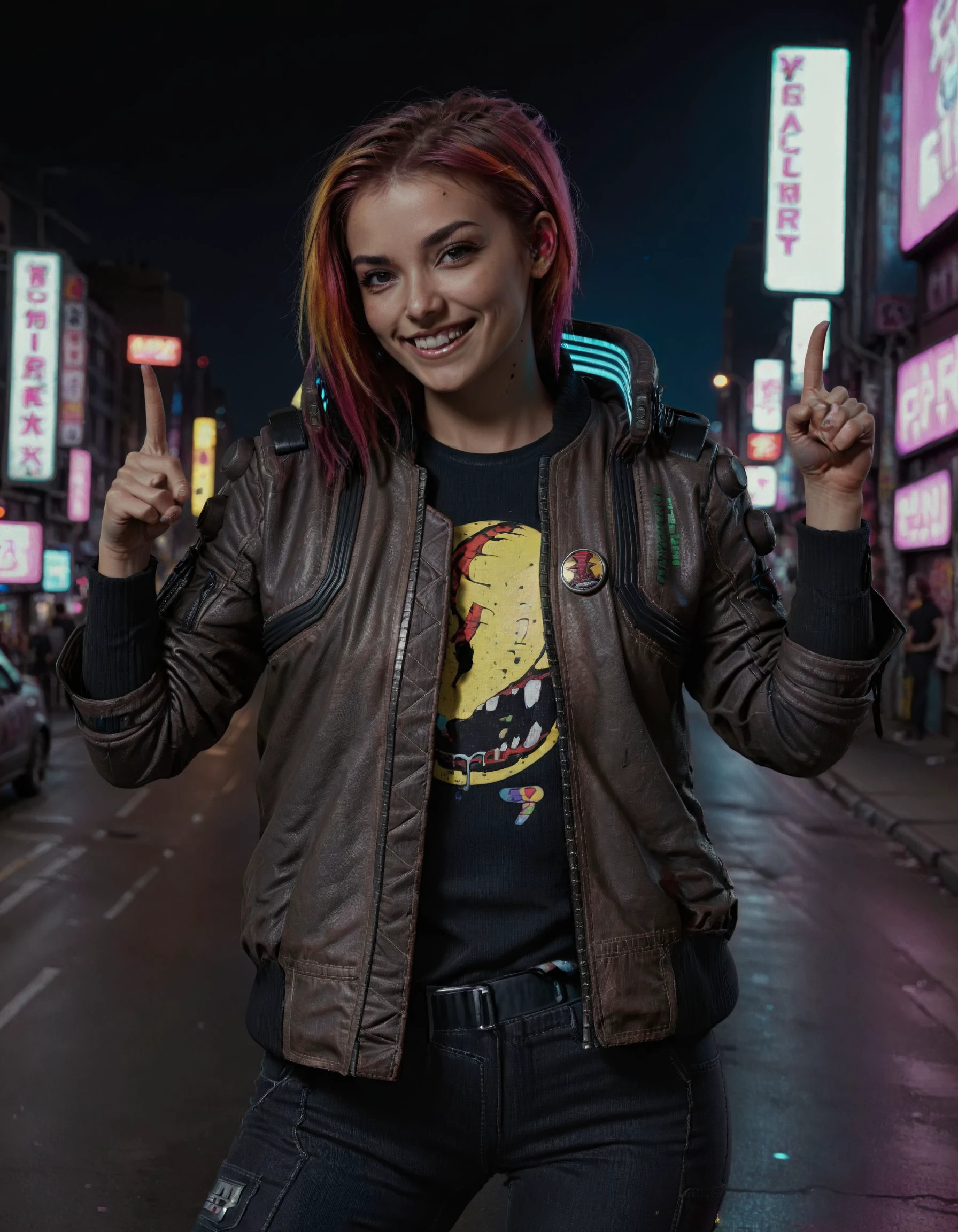 a gorgeous fashion model, woman, multicolored hair, long hair, pointing, smiling, wearing a brown cyberpunk Samurai jacket, black jeans, black shirt, standing in a busy city street, sleeves up, night, night sky, large cityscape, neon signs, realistic, highly detailed, professional, 4k, <lora:CyberpunkSamuraiJacketSDXL:0.75>