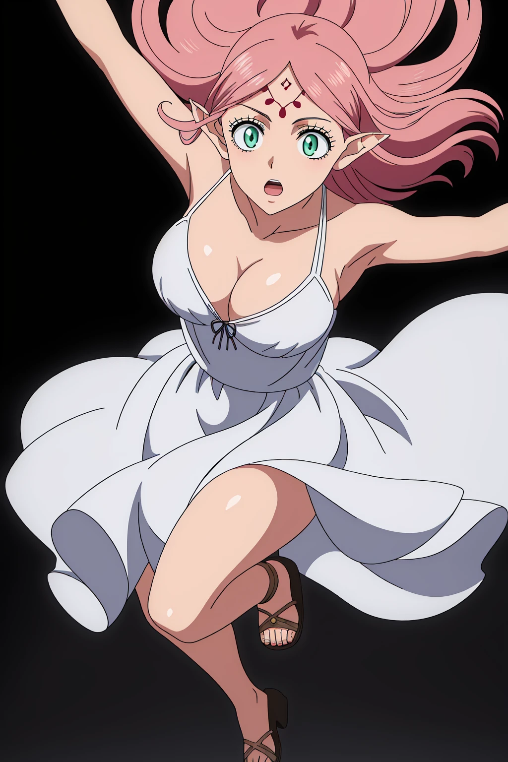 ((best quality)),((highly detailed)),masterpiece,absurdres,detailed face,beautiful face,(detailed eyes, deep eyes),1girl,((dynamic pose)) ,<lora:FanaV1:0.7>Fana, solo, breasts, pointy ears, dress, pink hair, facial mark, green eyes, forehead mark, long hair, sandals, open mouth, bare shoulders, collarbone, medium breasts, black background
