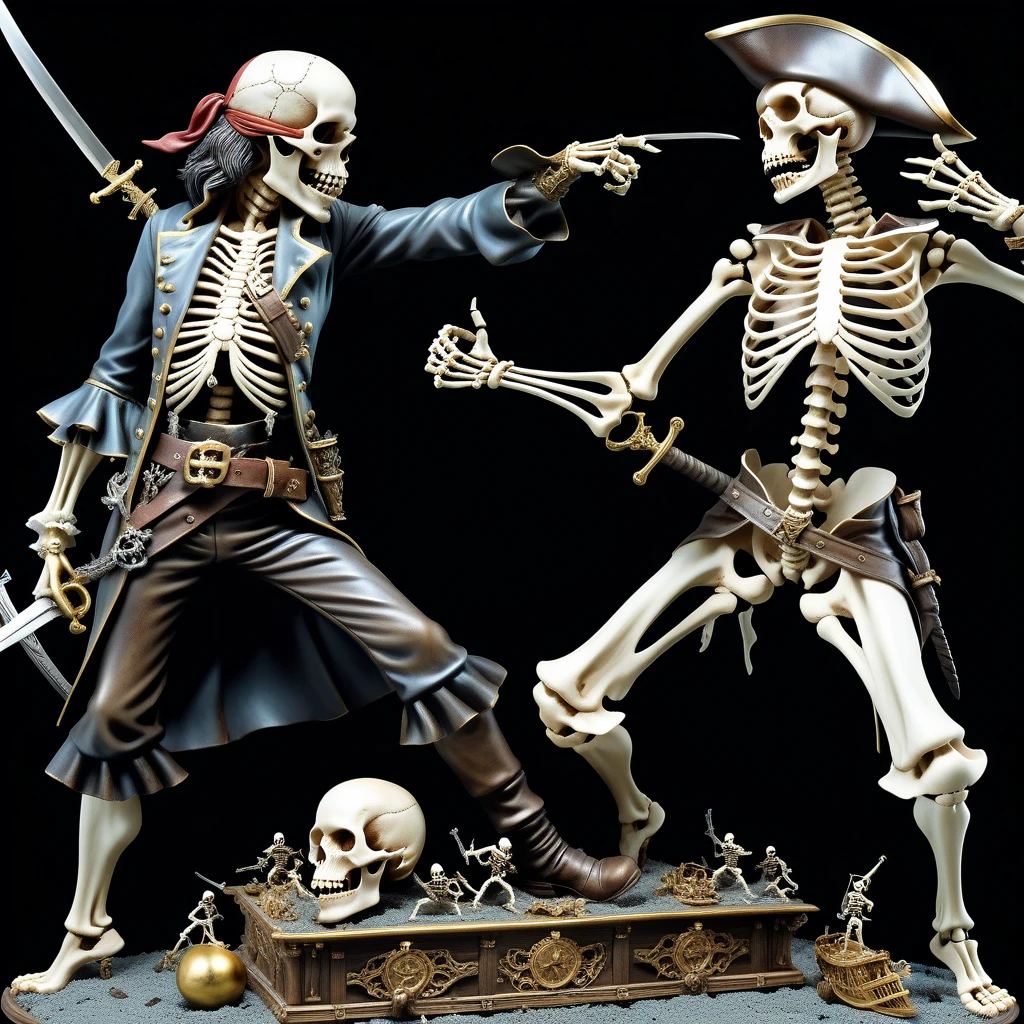 35mm photograph (sculpture by Kris Kuksi) of Pirates Dueling with Skeleton, professional, 4k, ultra detailed, realistic photographic 