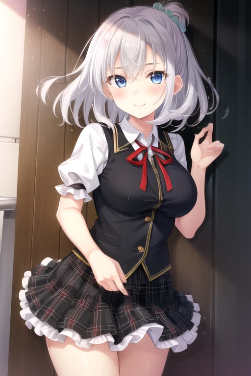 ((1 girl:1.5))、(smile:1.5)、(blush)、shirt、blouse、((fun!!))、chiralism、(small breasts)、(silver hair)、(dog ears)、(eye highlights:1.3)、Blake Black Footwear,(黒いskirt)、bow, button, 襟の付いたshirt, long sleeve,  ((red bow tie, , black jacket, open jacket, (white cardigan:1.5), 白のshirt, 黒のskirt, チェック柄のskirt、white socks)),, shirtを,, skirt, socks, thighs, 白い shirt, Rest indoors, ((classroom:1.5))、 BREAK While watching the audience、(skirtを掴む:1.5)、 (perfect hands, perfect anatomy),cowboy shot、(skirt lift:1.3), (Pull Panties)、((shaved pussy:1.5))、(skirt that rolls up:1.3)、(Highly detailed labia fully exposed:1.5)、(Photo seen from below)、light blue eyes、long hair