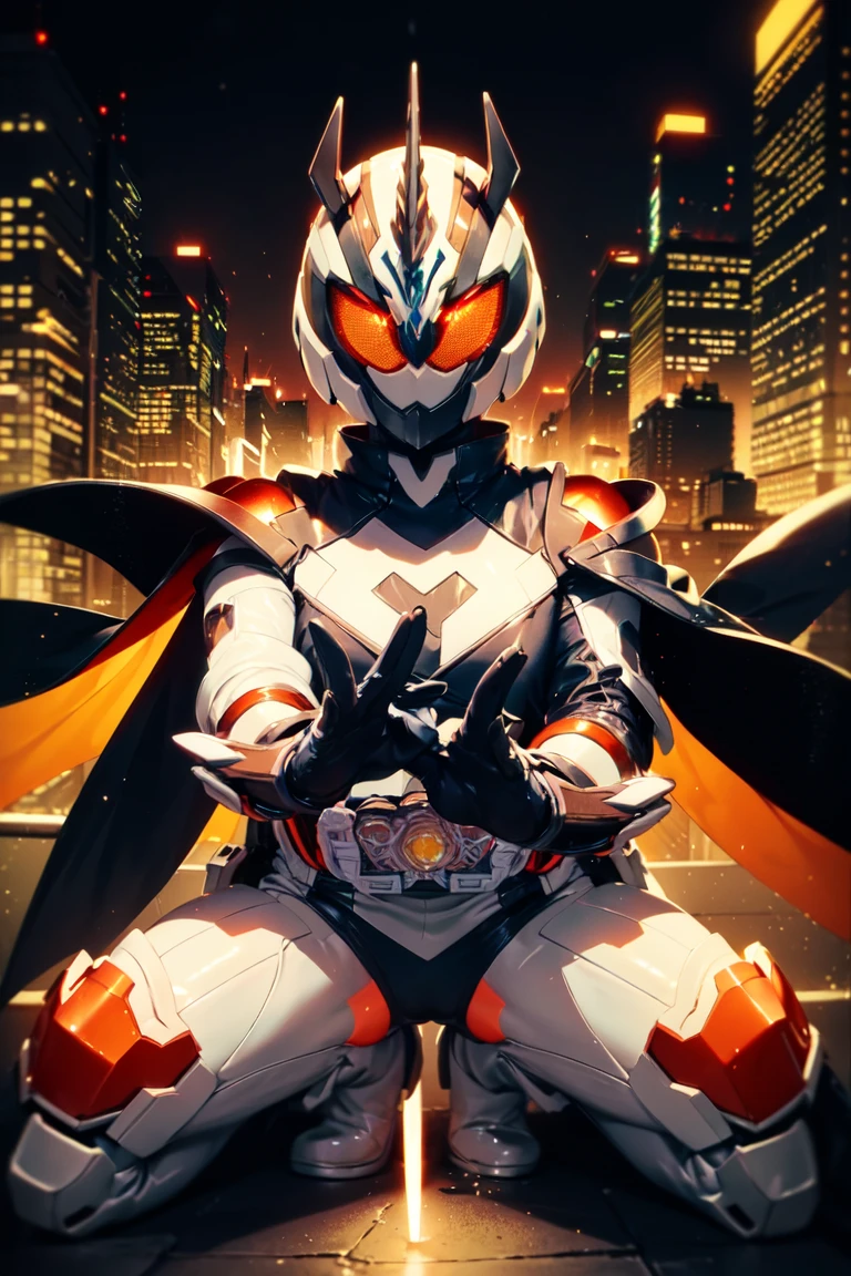 majade, solo, 1girl, mature female, perfect female body, narrow waist,wide hip,gloves, female focus, bodysuit, helmet, glowing eyes, orange eyes,boots, cape,tokusatsu, kamen rider,rider belt,alchemisdriver, horns, armor, unicorn,white ring,pelvic curtain,full body shot,cape,floating,casting magic,telekinesis, ((floating objects)),arm raised, outstretched arms, on rooftop,city background, hdr,bokeh,depth of field,night, <lora:majade:0.7>