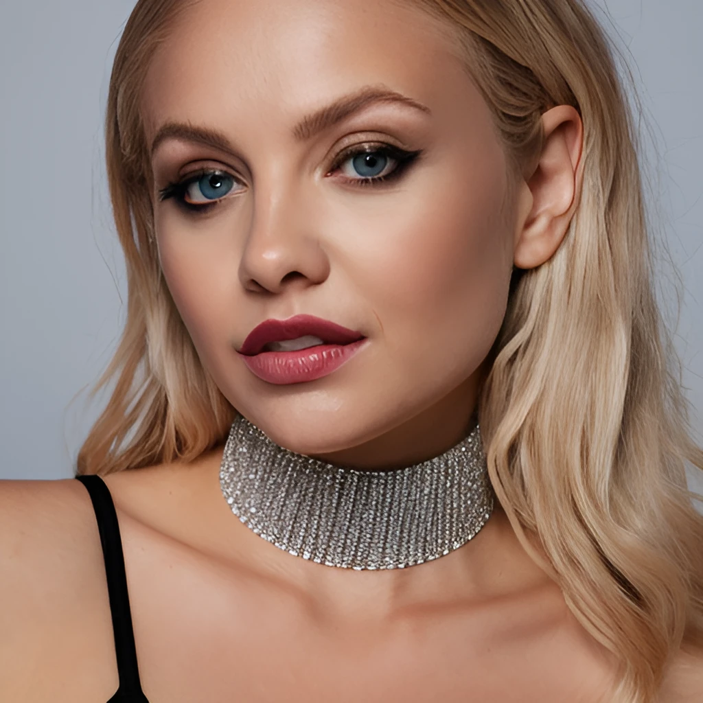 A blond woman wearing rhinestone choker, black top, best quality, ring light, contrast <lora:rhinestone_choker-10:0.75>