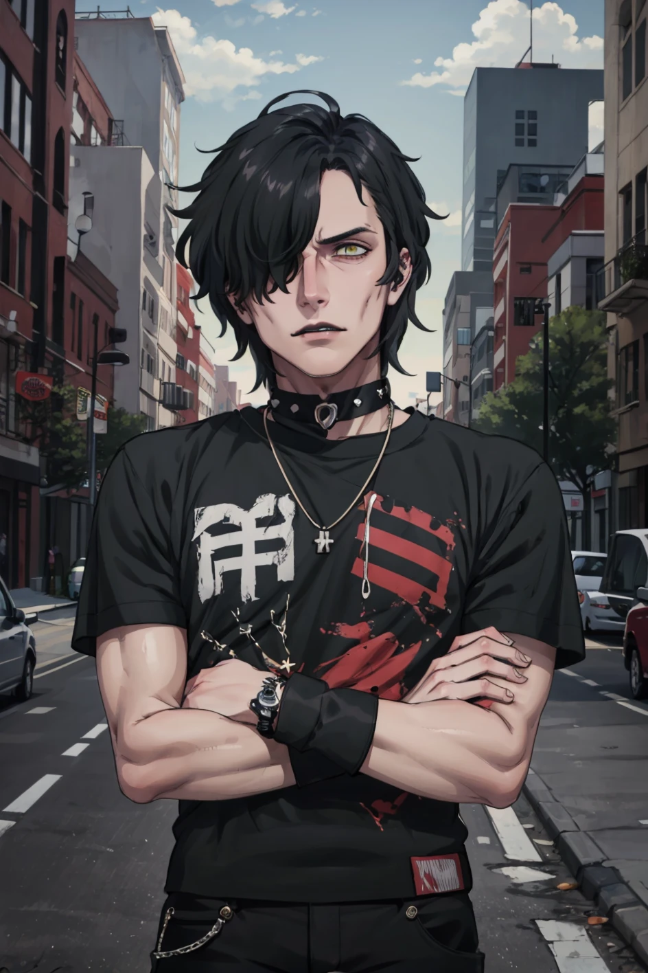 masterpiece, highly detailed, city, street, 1boy, solo, upper body, arms crossed <lora:HubertFE3H:0.8> hopesHubert, t shirt, choker, black jeans, shaggy hair, hair over one eye, spike bracelet, piercing, makeup, eye shadow, pale, <lora:punk_v0.2:1> punk, eyeliner, black lips