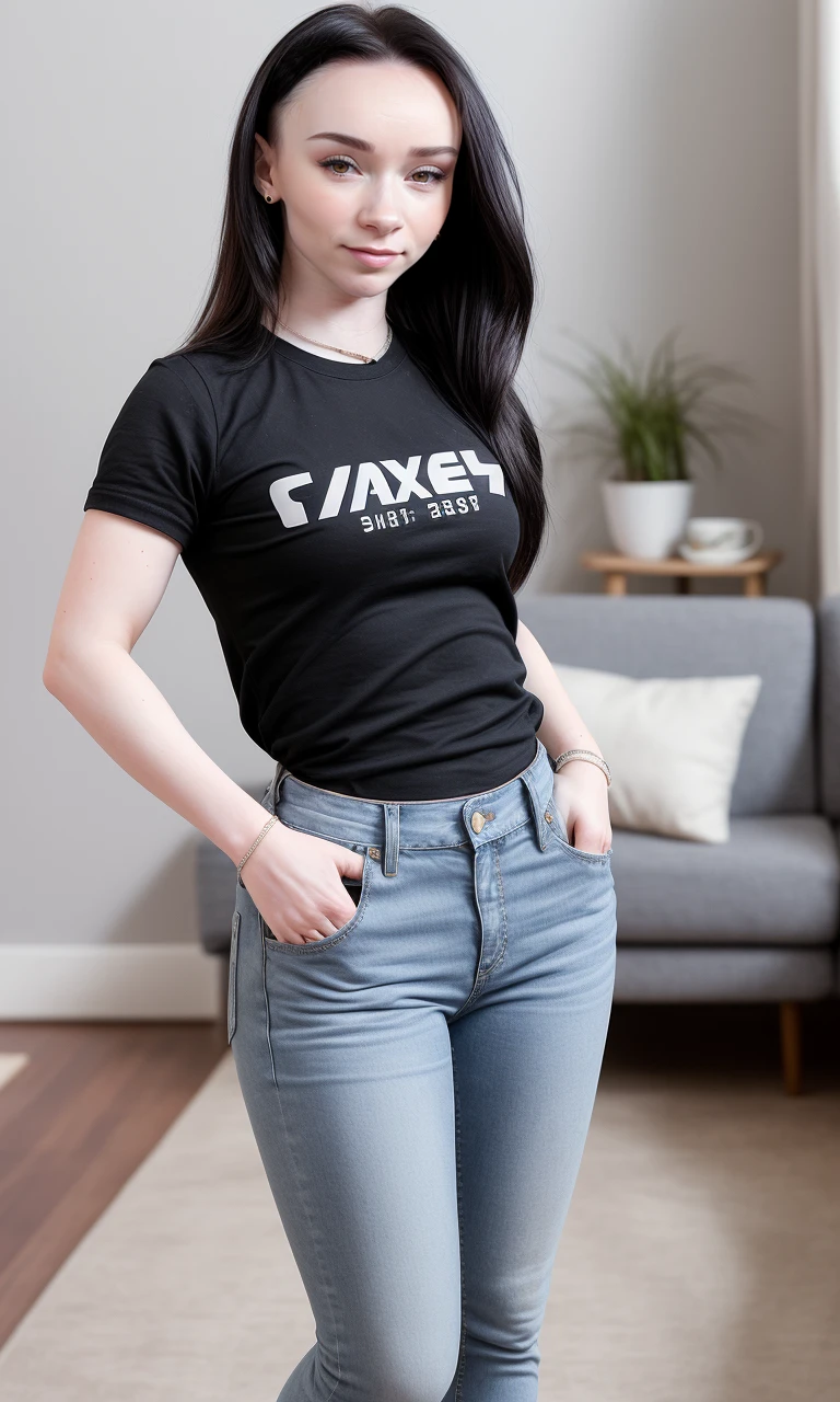 photo of alice04 standing solo wearing jeans and tshirt, wearing little high heels, wearing dark makeup