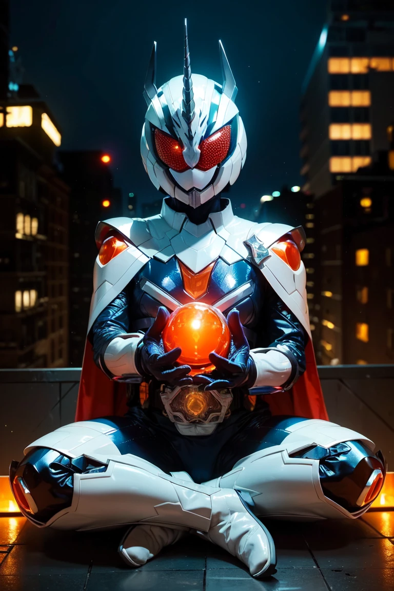 majade, solo, 1girl, mature female, perfect female body, narrow waist,wide hip,gloves, female focus, bodysuit, helmet, glowing eyes, orange eyes,boots, cape,tokusatsu, kamen rider,rider belt,alchemisdriver, horns, armor, unicorn,white ring,pelvic curtain,full body shot,cape,sitting, floating,casting magic,telekinesis, ((floating objects)),arm raised, outstretched arms, on rooftop,city background, hdr,bokeh,depth of field,night, <lora:majade:0.7>