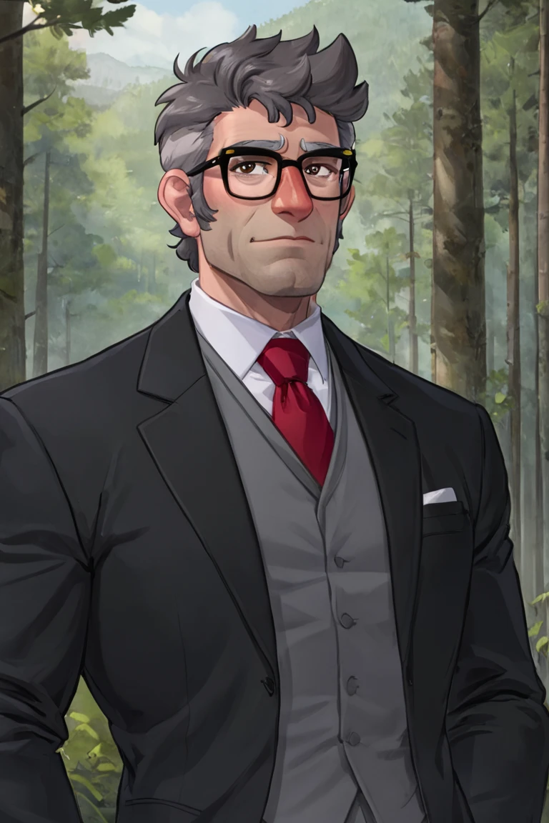 fordpines, 1boy, solo, male focus, mature male, old man, upper body, short hair, grey hair, brown eyes, thick eyebrows, glasses, black-framed eyewear, facial hair, stubble, sideburns, formal, suit, black suit, grey vest, white shirt, red necktie, standing, outdoors, forest <lora:Stanford (Ford) Pines SDXL_LoRA_10r_10e_32i_nr32_a16_SDXL:0.7>