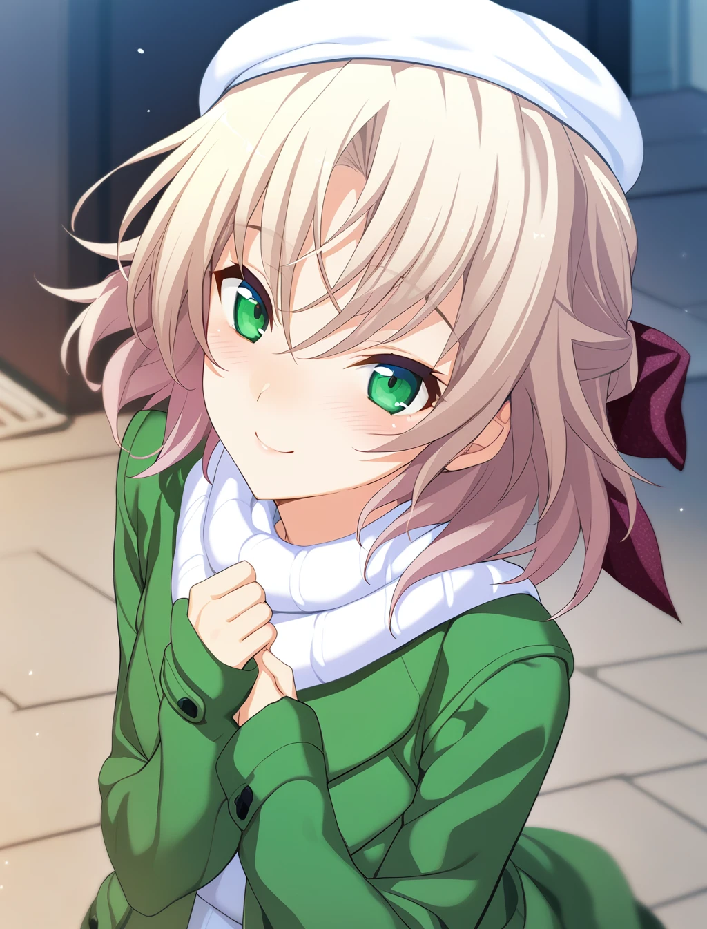 1girl,kagamigawa noelle,hair bow,green windbreaker,white beret,solo,blush,smile,masterpiece,best quality,game cg,<lora:KagamigawaNoelleXL:1>,