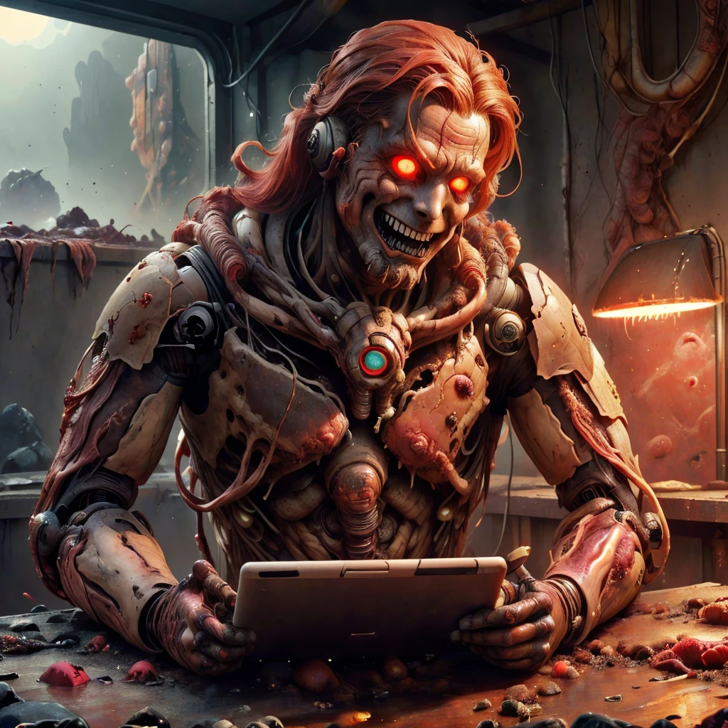 <lora:RottenTech-30:0.8>,rottentech , scifi,biohazard, filthy, dry,
scholar , scroll, 1boy,long hair, red hair, glowing eyes, smile,shaved beard, ,closed mouth, holding a tablet