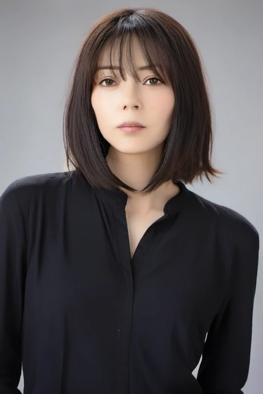 <lora:marisonoda:1> A studio portrait of sonoda, black hair, with black casual long-sleeved clothes, centered frame, (visible body 2:3), (front view), natural soft background color.