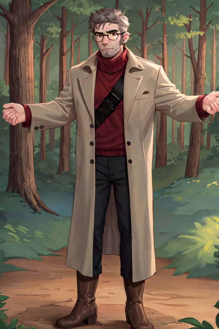 fordpines, 1boy, solo, male focus, mature male, old man, full body, short hair, grey hair, brown eyes, thick eyebrows, glasses, black-framed eyewear, facial hair, stubble, sideburns, open clothes, beige coat, red turtleneck sweater, black pants, brown boots, standing, outdoors, forest <lora:Stanford (Ford) Pines LoRA v1.0_10r_10e_32i_nr64_a32:0.7>