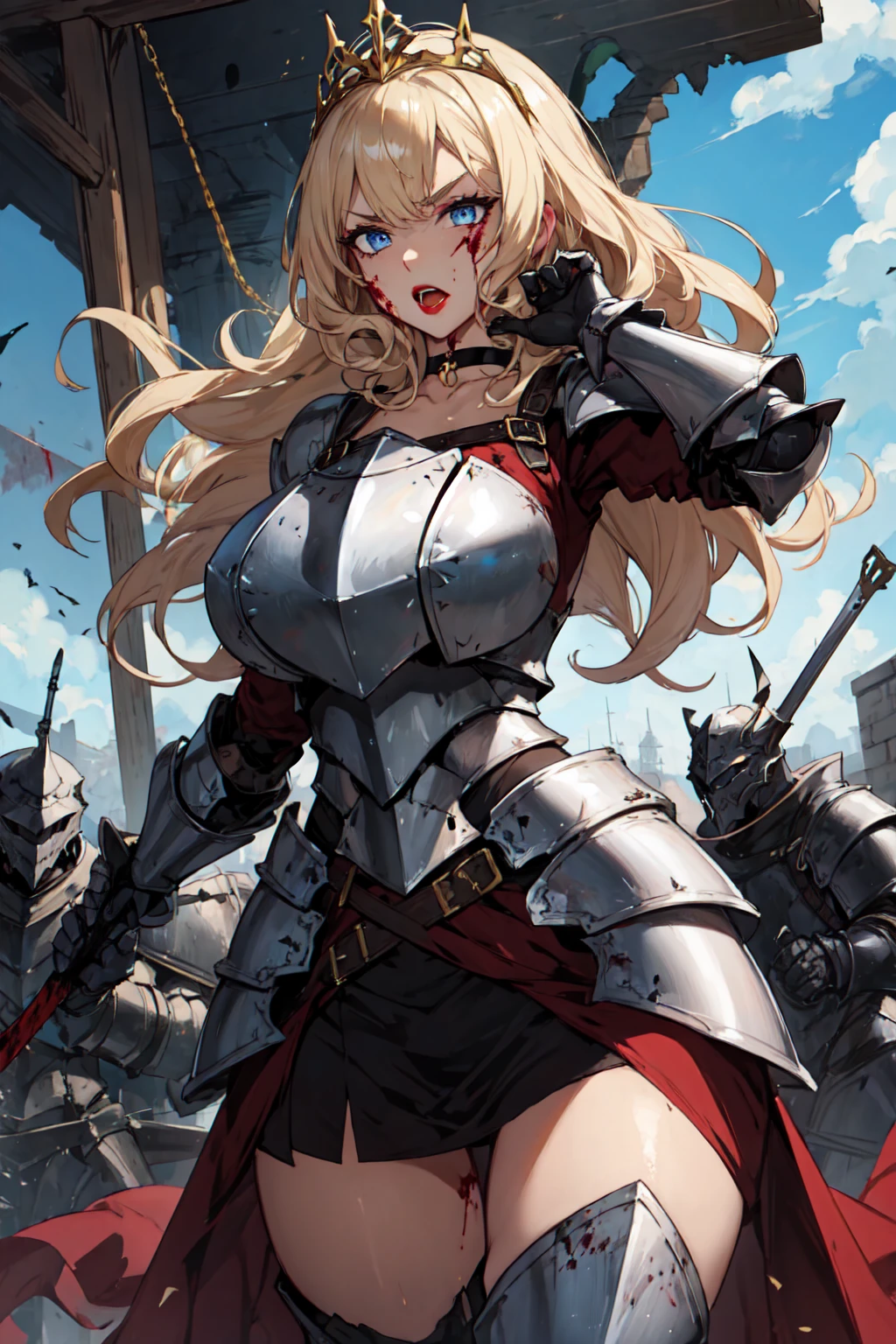 masterpiece, best quality, detailed face, detailed eyes, 1girl, (((black armor))), blue eyes, red lips, makeup, long hair, swept bangs, ((curly hair)), blonde hair, v-shaped eyebrows, ((armored dress, armored boots)), huge breasts, ((breastplate)), gauntlets, ((choker)), (gold trim), tiara, ((battlefield)), (ruins),catle, banner, yelling, blood on face,