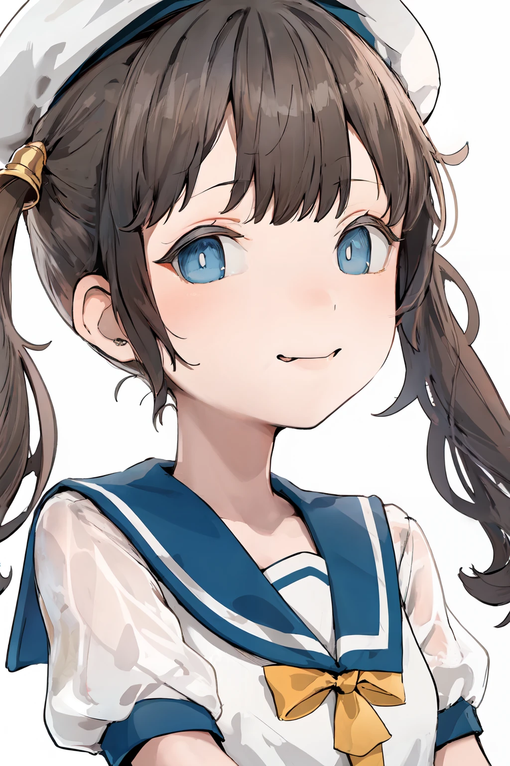 (masterpiece, best quality:1.2), HoshiakariCSA,
BREAK
(perfect anatomy), (symmetric eyes, beautiful eyes, sharp eyeliner, beautiful face), (blue eyes:1.25),
BREAK
1 girl, solo focus,
BREAK
FufuKC, white sailor dress, blue sailor collar, yellow bow, white sailor hat, short sleeves, hair rings, long twintails,
BREAK
facing to viewer, looking at viewer, (face close up:1.3), light smile, fang, (closed mouth:1.3), (white background, simple background),
BREAK
<lora:fufu-05:0.9>, <lora:mlu:0.4>, <lora:bluewhite:0.4>