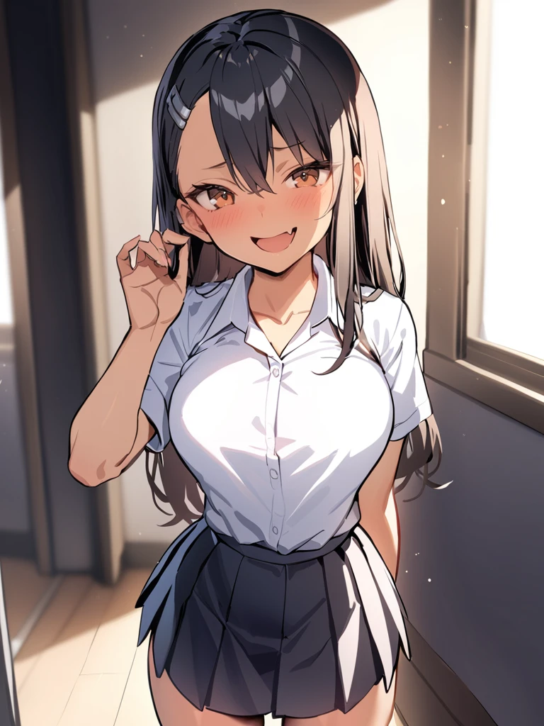 <lora:xl_Nagatoro Hayase2-000009:1>,Nagatoro Hayase is a girl with dark skin long black hair and brown eyes, 1girl, skirt, solo, shirt, white shirt, blush, open mouth, pleated skirt, breasts, black skirt, cowboy shot, smile, fang, looking at viewer, short sleeves, collared shirt, teeth, hand up, school uniform, arm behind back, masterpiece, best quality,