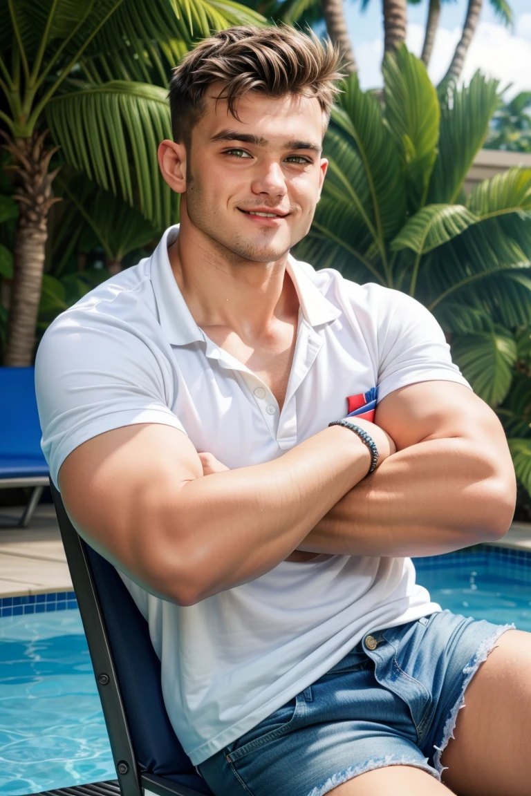 Manly,Gay,vast pecs,Abs,Naked upper body,Tong, See-through,, pool-side, Dynamic pose, Bulge, Muscular, (Tattooed with),thick leg,the feet,Realistic, Masterpiece, Intricate details, Detailed background, Depth of field, Photo of a handsome man,(buzz cut),(((The crotch is raised)))