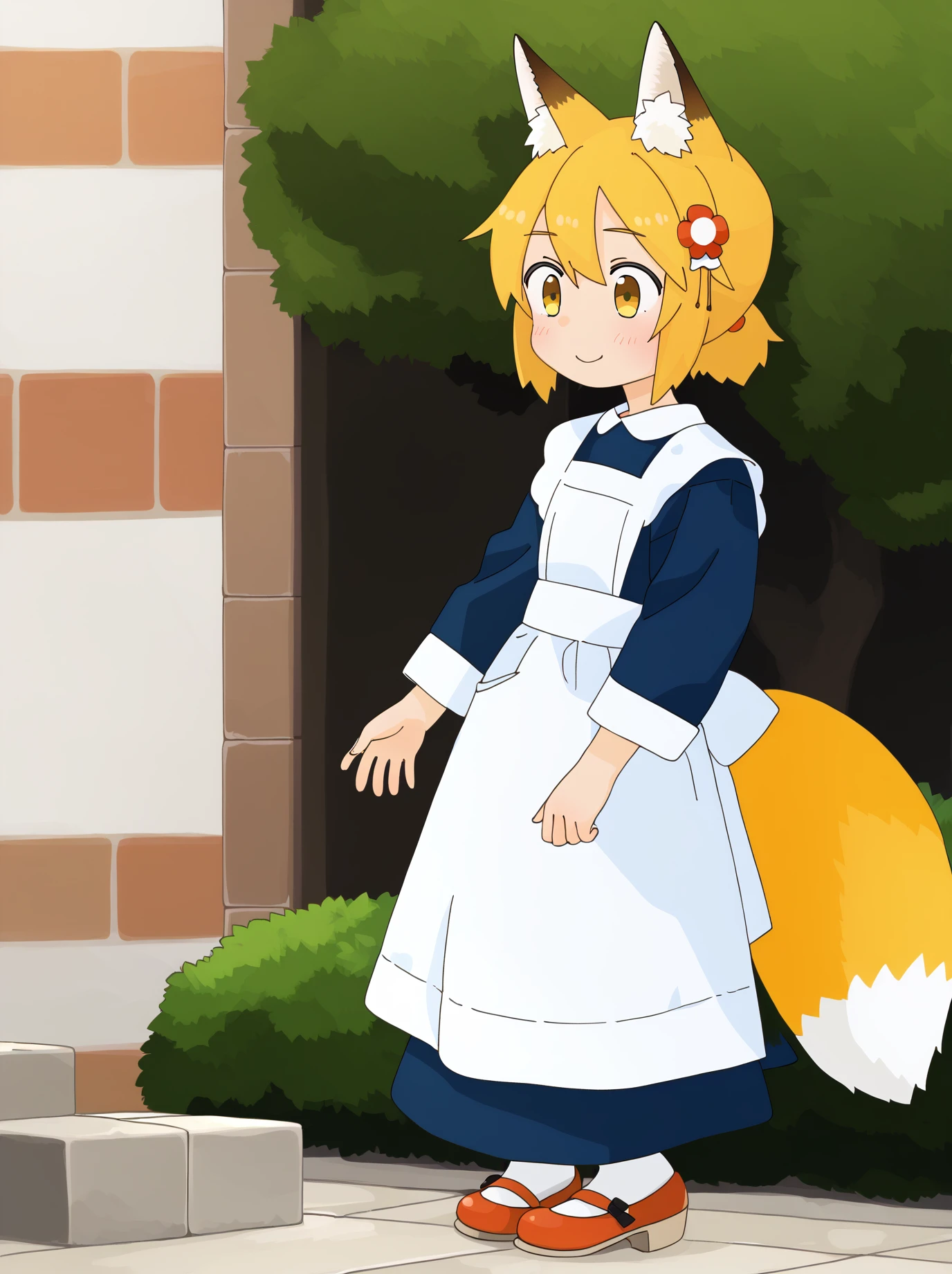 score_9, source_anime, by akai sashimi, best quality, masterpiece, uncensored
BREAK
1girl, maid, garden, outdoors, smile, sen, blonde hair, 1girl, animal ears, fox ears, blush, animal ear fluff, solo, hair ornament, fox girl, hair flower, hair between eyes, short hair, fox tail, tail, flat chest, yellow eyes,
<lora:akai_sashimi_pony_v1:1> <lora:senko_ds6_ponyxl_lr1e-5_constant_adamw8_dim32_alpha16:0.8>